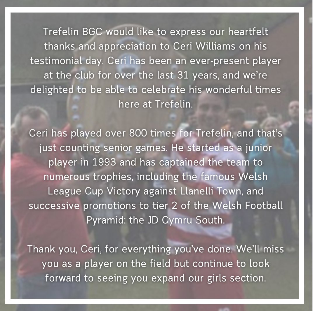 On Tuesday the 16th of July we celebrate the outstanding service our Captain Ceri Williams has dedicated to us. We will play Swansea City at 7PM. Entry fee is pay what you can in aid of <a href="/GreatOrmondSt/">Great Ormond Street Hospital for Children</a> and <a href="/ChectUK/">CHECT UK</a> ❤️