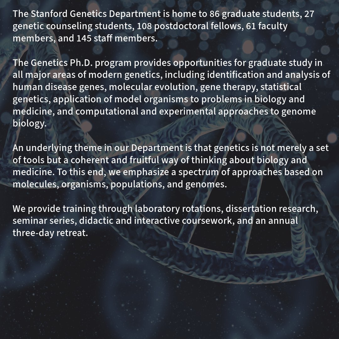 StanfordBiosci's tweet photo. #StanfordBiosciences is comprised of 14 home programs. In our #HomeProgramSeries we will be taking a peek at the different departments. Swipe ➡️ to learn about our #Genetics program and faculty. For a #DeepDive  visit their website: https://t.co/ARfY38yIdO https://t.co/tPNH9W0bwv