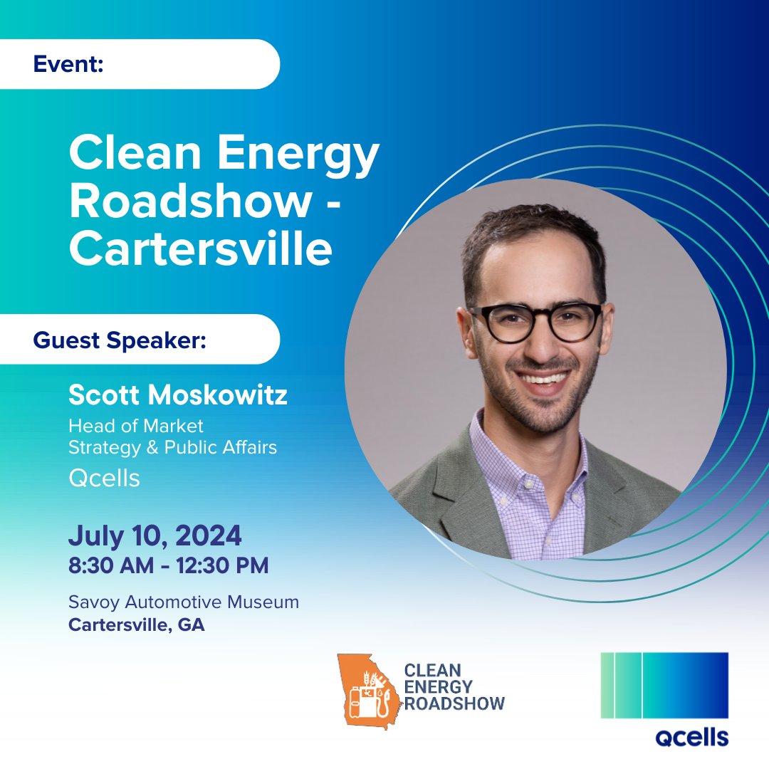 Qcells North America (@qcells_na) on Twitter photo Happening NEXT WEEK: Our very own Head of Market Strategy and Public Affairs, <a href="/scottamoskowitz/">Scott Moskowitz</a>, will be speaking at the <a href="/AltFuelTour/">Clean Energy Roadshow</a> in Cartersville, GA.
Register today: ow.ly/SWRz50Su4Hg Happening NEXT WEEK: Our very own Head of Market Strategy and Public Affairs, <a href="/scottamoskowitz/">Scott Moskowitz</a>, will be speaking at the <a href="/AltFuelTour/">Clean Energy Roadshow</a> in Cartersville, GA.
Register today: ow.ly/SWRz50Su4Hg