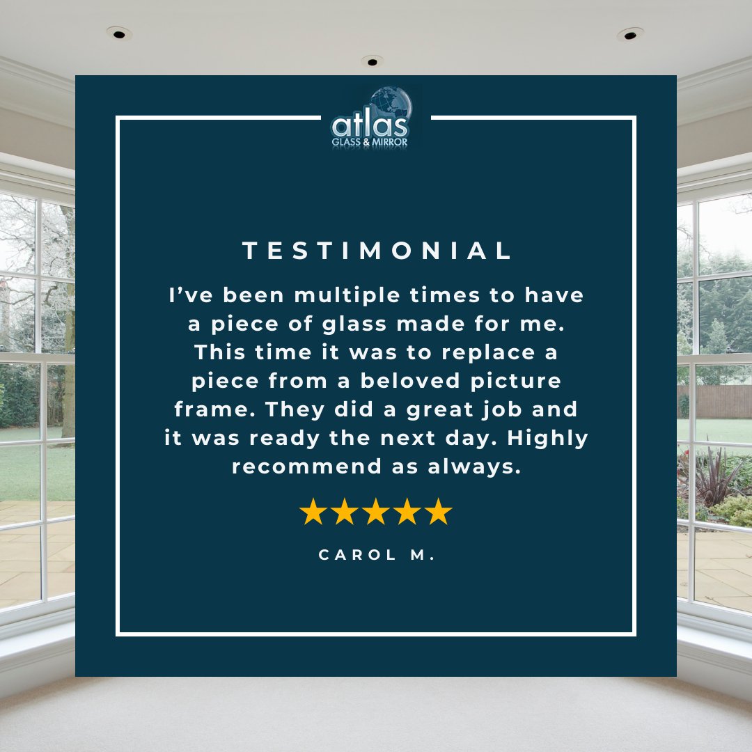 AtlasGlassM's tweet photo. Thank you Carol for the kind words! Our team loved working with you and we're happy to hear that you enjoyed our services. We are excited to continue business with you in the future! 

https://t.co/BGHeXlaMRk

#glass #glassframe #testimonial #review https://t.co/20DS1ksLwC