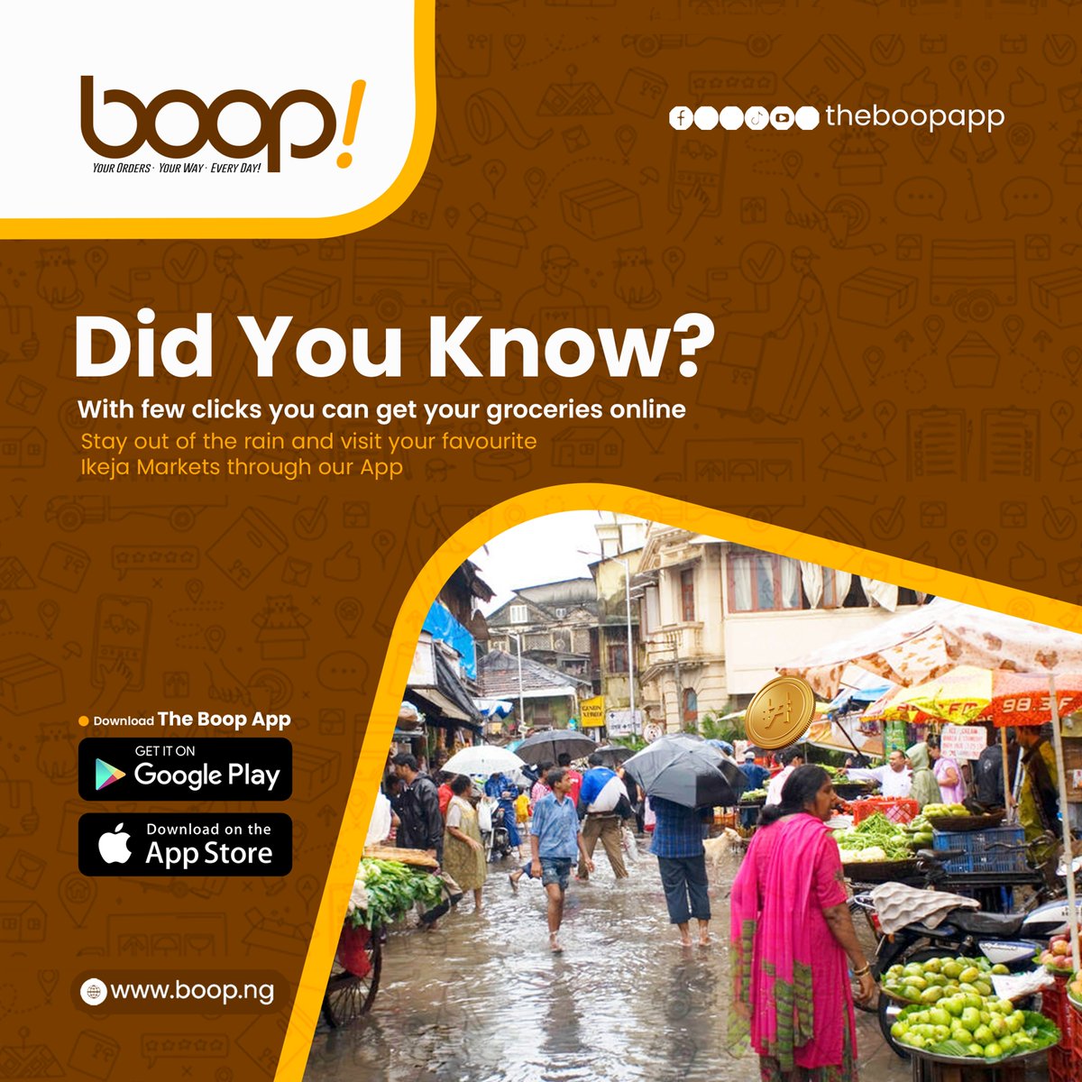 theboopapp's tweet photo. No rain can stop your grocery needs! 
Order from the Boop App and get fresh produce delivered from Ikeja markets. 🌦️🥕 
-
Follow @theboopapp
-
#TheBoopApp
#GroceriesOnDemand
#GroceriesMadeEasy https://t.co/0fRJlDhs1P