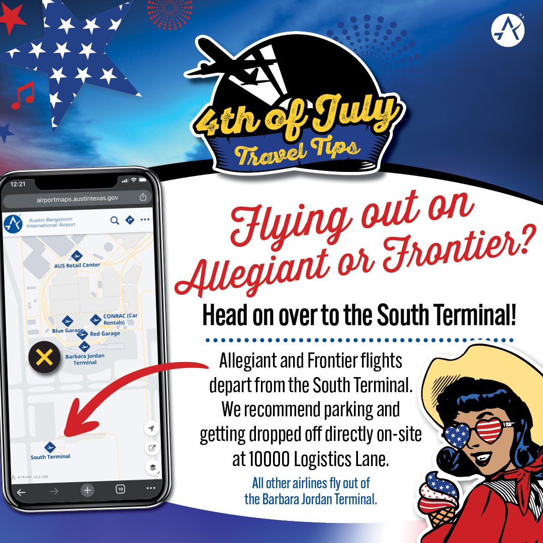 AustinAirport's tweet photo. Remember, if you’re flying on Frontier or Allegiant, you fly out of the South Terminal. The South Terminal can be located at: 10000 Logistics Lane.

For directions, explore our digital map: https://t.co/2VIhJCWfdX https://t.co/nFOltOf0v8