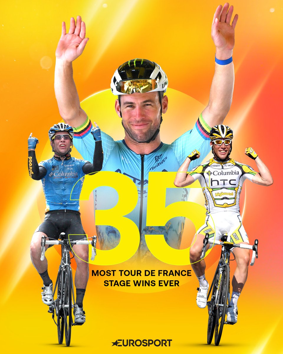 3️⃣5️⃣th Stage win! 

Sir Mark Cavendish claims a 𝒓𝒆𝒄𝒐𝒓𝒅 𝒃𝒓𝒆𝒂𝒌𝒊𝒏𝒈 35th Stage win at the Tour de France with victory on Stage 5! #cycling #TourDeFrance #roadcycling