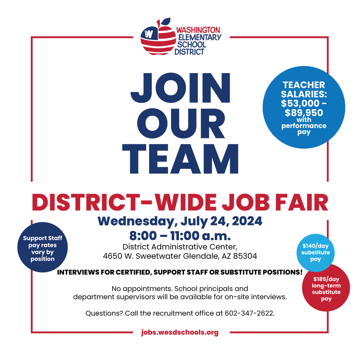 Join our team at the WESD! We are hosting a District-Wide Job Fair on Wednesday, July 24, from 8:00 to 11:00 a.m. at the WESD Administrative Center. Interviews will be held for a variety of certified, substitute and support staff positions! We hope to see you there! #WESDFamily