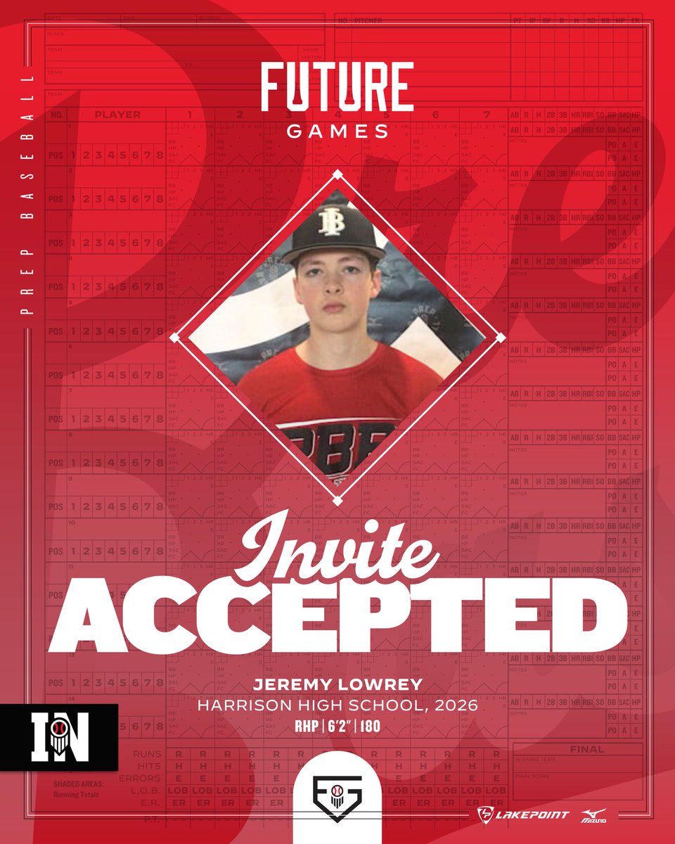 𝗙𝘂𝘁𝘂𝗿𝗲 𝗚𝗮𝗺𝗲𝘀 | 𝗜𝗻𝘃𝗶𝘁𝗲 𝗔𝗰𝗰𝗲𝗽𝘁𝗲𝗱 

‘26 Jeremy Lowrey (Harrison) will represent #TeamIndiana later this month <a href="/LakePointSports/">LakePoint Sports</a>❗️

6’2” 180 lb right-hander

<a href="/JeremyLowrey23/">Jeremy Lowrey</a> | <a href="/Harrisonbsball/">Harrison Baseball</a> 

↳ loom.ly/nh9G61U

#PBFG24 | #BeSeen