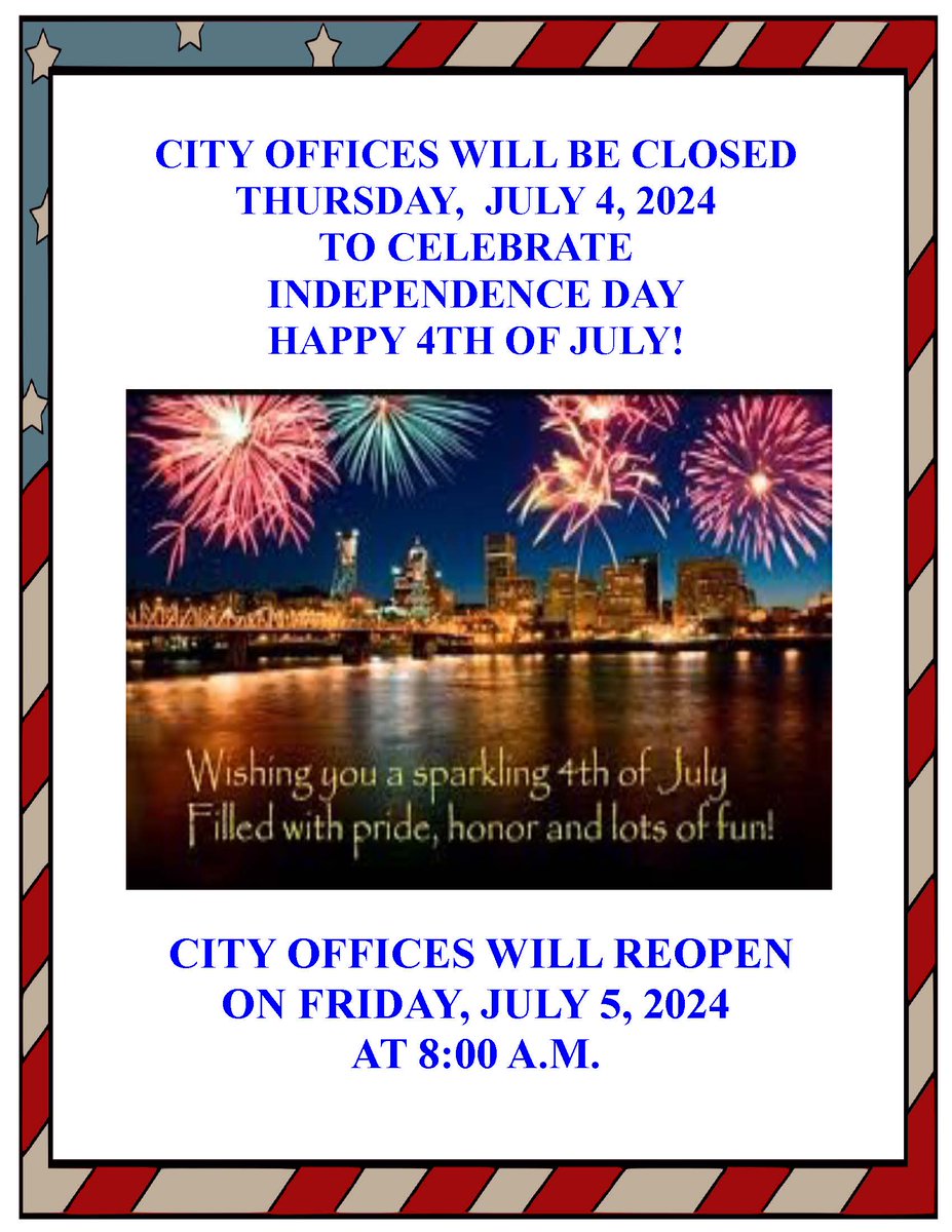 The City of Ellisville offices will be closed Thursday, July 4th to allow staff to celebrate our nation's Independence Day holiday.