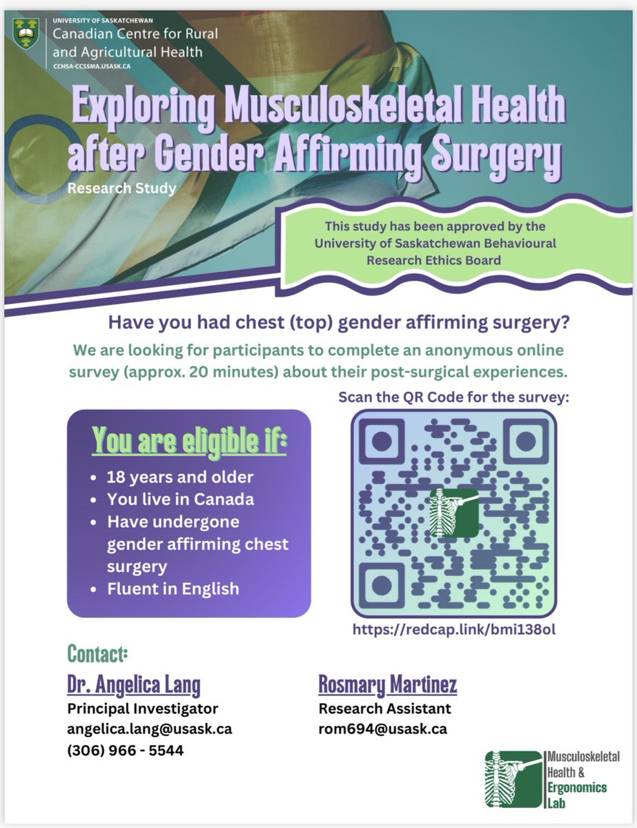 Have you had gender-affirming chest (top) surgery? Do you currently live in Canada? Are you 18 years or older?

We want to hear from you!

Please follow the link for more info and the anonymous and confidential online survey redcap.link/bmi138ol

#topsurgery #trans #nonbinary