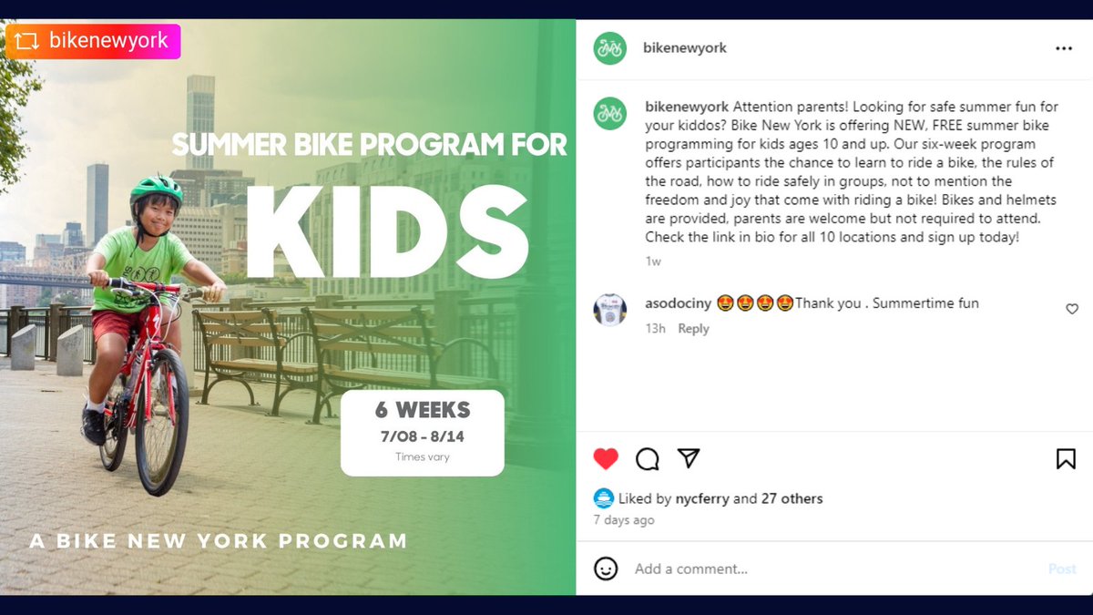 BergenBikeBus's tweet photo. This wonderful (FREE) summer program for kids (ages 10 &amp; up) from the cool folks at @bikenewyork still has some availability in Queens &amp; the Bronx, which we know won't be for long.

For more info &amp; to register go to: https://t.co/N7QRS5Yu6c https://t.co/ZZMtZL81Ml