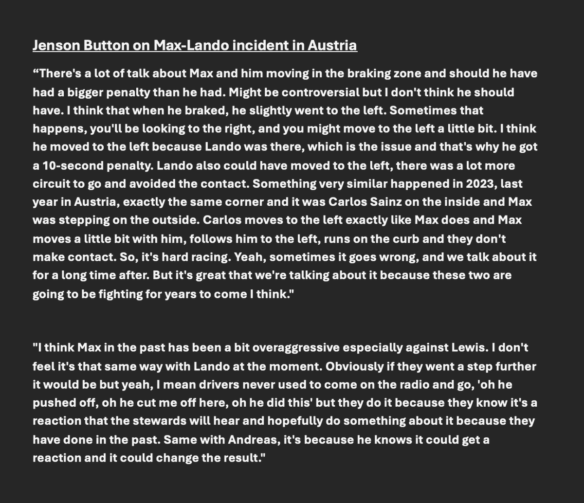 Jenson Button was asked by Sky about the Max Verstappen and Lando Norris incident in Austria and I think he gave a very fair &amp; detailed response that everyone should read.
