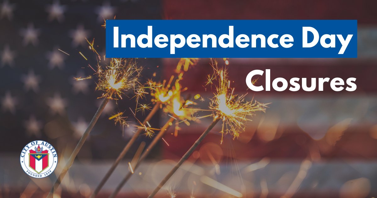 City of Austin (@austintexasgov) on Twitter photo City offices + facilities will be closed Thursday, July 4th in observance of #IndependenceDay. 🇺🇸
👉 Info including trash + recycling pickup, <a href="/AustinCityParks/">Austin Parks & Rec</a>, <a href="/AustinPublicLib/">Austin Public Library</a>, <a href="/austinanimals/">Austin Animal Center</a> openings, + more: bit.ly/3xHhFGK City offices + facilities will be closed Thursday, July 4th in observance of #IndependenceDay. 🇺🇸
👉 Info including trash + recycling pickup, <a href="/AustinCityParks/">Austin Parks & Rec</a>, <a href="/AustinPublicLib/">Austin Public Library</a>, <a href="/austinanimals/">Austin Animal Center</a> openings, + more: bit.ly/3xHhFGK