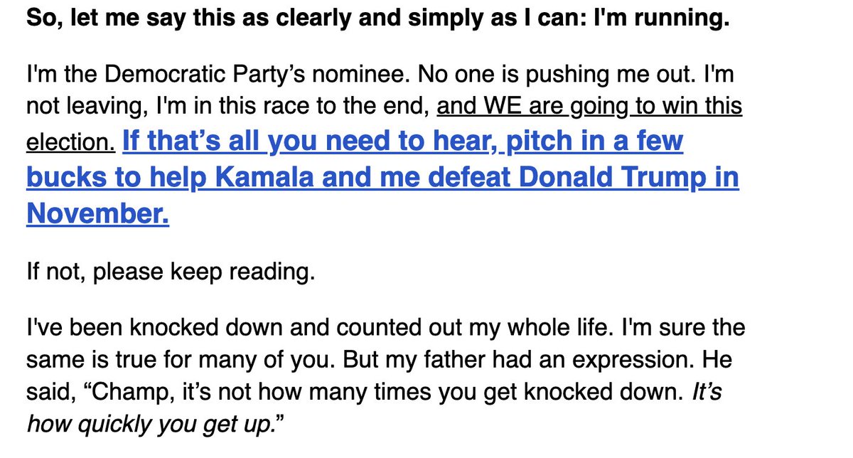 This email from the Biden campaign depressed the heck out of me. I'm glad you're a fighter, Joe. I admire you for it. But this is bigger you. Sometimes the best thing to do is to step back and let someone else lead.