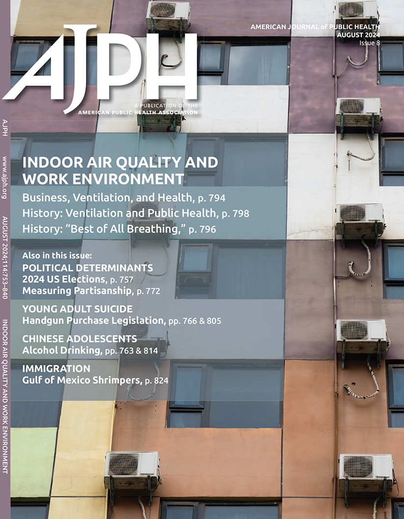 Now online: the August issue of AJPH featuring a special section on indoor air quality and public health.   

Other articles address the effects of handgun purchase legislation on young adult suicide, adolescent alcohol consumption, &amp; more.

🔗: buff.ly/45PU2br