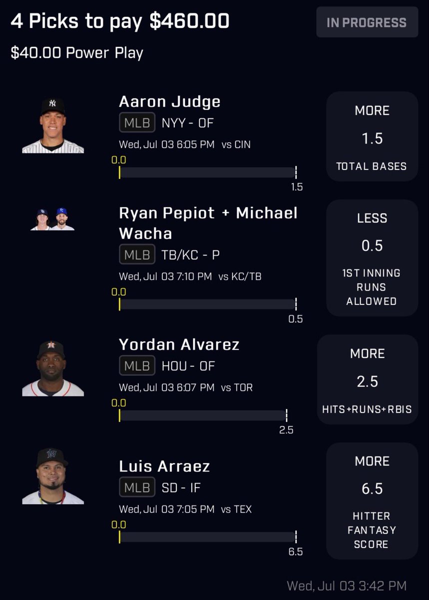 #MLB ⚾️ #PrizePicks 😈

🚨4 Man Collab ‼️🔔w/ my boy <a href="/GhutchPickz/">GHUTCH 👨🏽‍🍳💰</a> 

Aaron Judge &amp; TB/KC NRFI <a href="/MindOfJakeUp/">Jake 🐍</a> 

Yordan &amp; Arraez <a href="/GhutchPickz/">GHUTCH 👨🏽‍🍳💰</a> 

When this cash I’m sending 2 ppl that like or rt this $25 🤝🏽