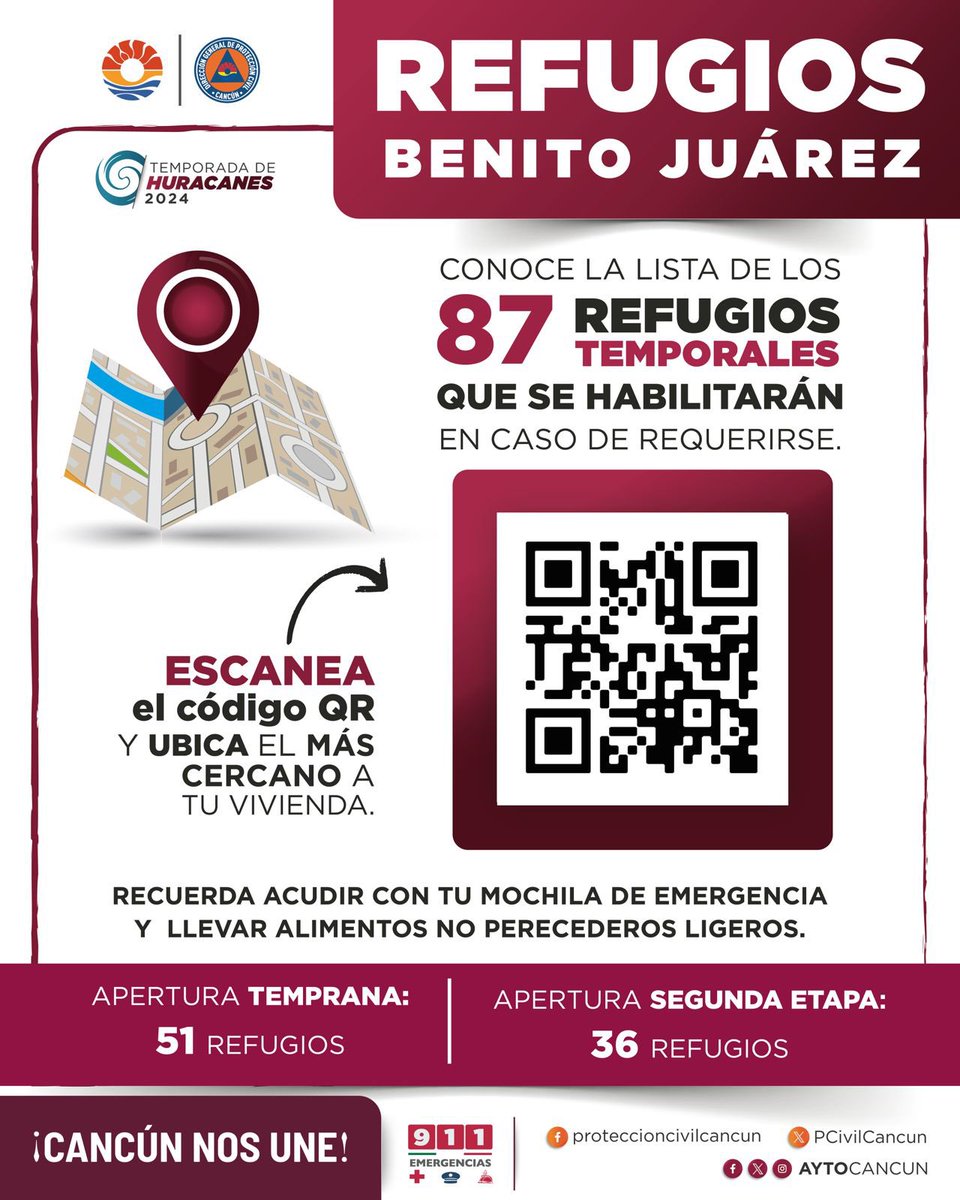 AytoCancun's tweet photo. En #Cancún estamos listos con 87 refugios temporales que se habilitarán en caso de requerirse ante el #HuracanBeryl.

✅Apertura temprana 51 refugios.
✅Apertura segunda etapa 36 refugios.

Escanea el código QR y ubica el refugio más cercano a tu vivienda. 📍1/2 https://t.co/bvcx3pUQdc