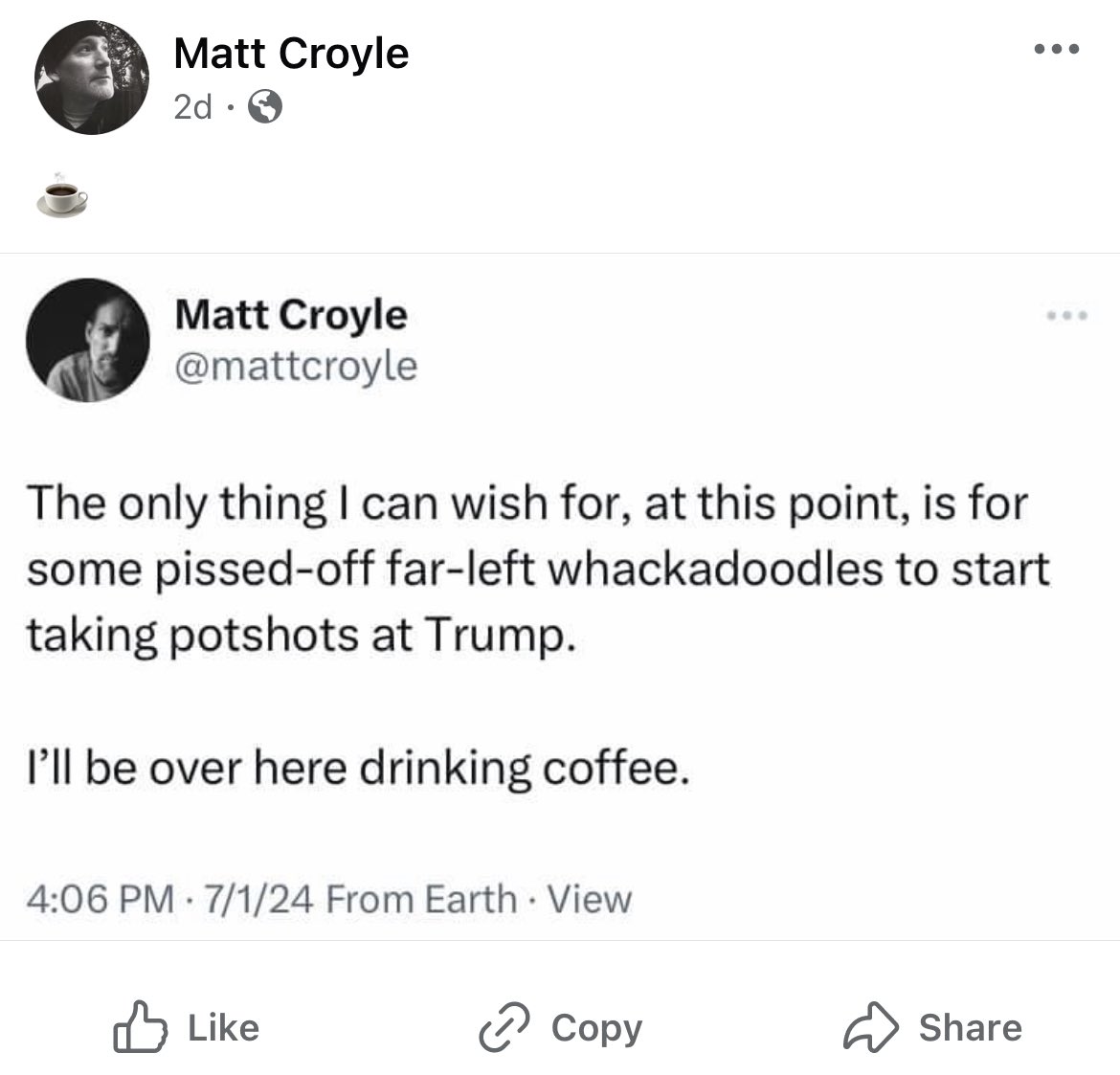 ScottPresler's tweet image. Meet Matt Croyle. 

He is an elected official in Pennsylvania. 

Even worse, he’s a state constable. 

After being exposed for posting threatening messages about Trump supporters, he deleted his X account. 

I went to his Facebook, where he’s still active,

&amp;amp; found a post where…