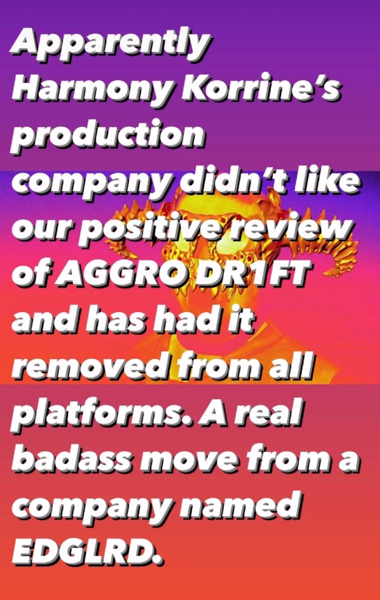 DeathByVideoPod's tweet photo. Harmony Korine’s production company had our positive review of Aggro Dr1ft pulled from all platforms. What a snowflake move. https://t.co/bvvQ2LweF5