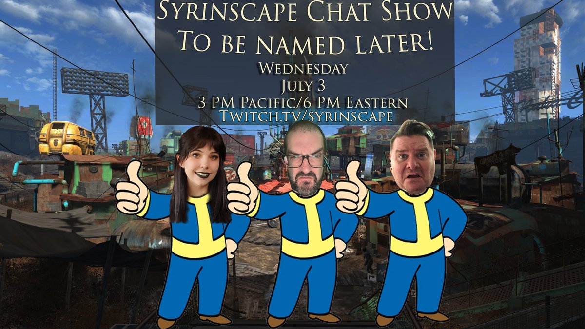 Coming up in about an hour!

The Syrinscape Chat Show to be Named Later continues their discussion of the Fallout show. Today they're REALLY going to chat about Episode 6! Spoilers ahead!

Also, all the Syrinscape news and Q&amp;A. Join us! twitch.tv/syrinscape 
#FalloutOnPrime