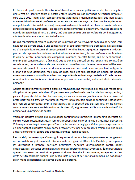 USTECSTEs's tweet photo. El claustre de l'INS Altafulla denuncia els efectes negatius del Decret de Plantilles i la gestió autoritària de la direcció des del curs 21-22, que ha causat malestar i divisió entre professorat amb una política de rotació injustificada i deshumanitzadora. #ClaustresDemocratics! https://t.co/lQJGFHQJZN