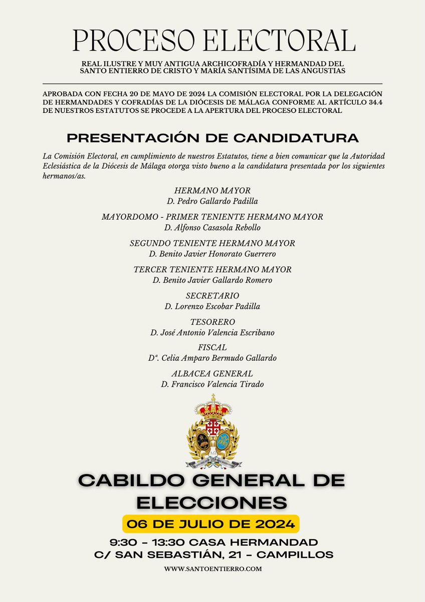 ➡️ Cabildo General de Elecciones
🗓️ Sábado, 6 de Julio 2024
🕕 09:30 - 13:30 horas
📍Casa Hermandad (C/ San Sebastián, 21) #Campillos #santoentierro #angustias
#CofradíasMLG