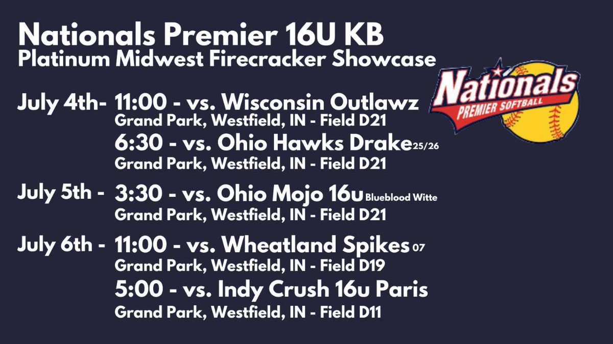 Come check out my team this weekend at the Midwest Platinum Showcase in Indianapolis! Our schedule is shown below. <a href="/Nats_Premier/">Nationals Premier Softball</a> <a href="/DePauwSoftball/">DePauw Softball</a> <a href="/ButlerSoftball/">Butler Softball</a> <a href="/SoftballCMU/">CMU Softball</a> <a href="/TuftsSoftball/">Tufts Softball</a>