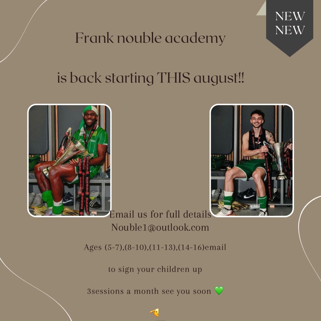 We are back again this season 

Opening up some new age groups look forward to hearing from you if interested 

Nouble1@outlook.com 

Key details 

Location:Huish park Astro 

Days: Sundays &amp; possibly Wednesday ( only for the 14-16 age group 

3 sessions a month
EARLY AUGUST ⚽️💚