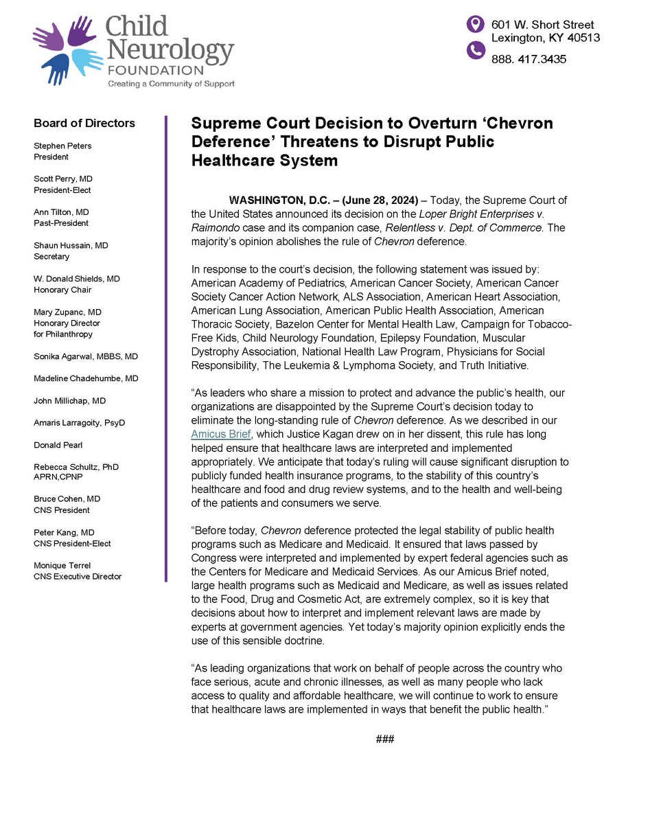Child_Neurology's tweet image. Significant decisions concluded by the Supreme Court. CNF is disappointed by the ruling abolishing Chevron deference. We are dedicated to advocating for healthcare laws supporting kids with neurologic conditions. Our response below. #ChildNeurology #ChevronDeference #AmicusBrief
