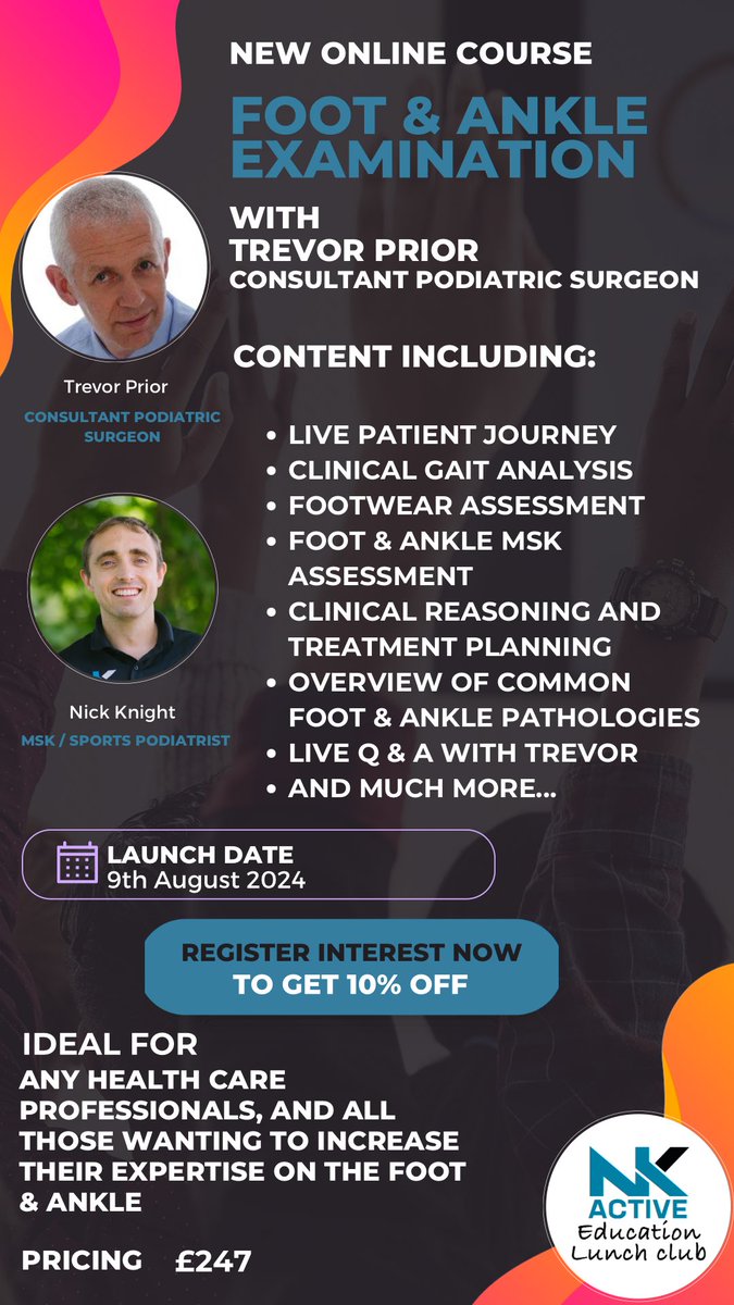 Nick Knight (@nksportspod) on Twitter photo New course coming August 2024 with <a href="/Trevor_PremPod/">Trevor Prior</a>
Foot & Ankle examination, assessment, diagnosis and treatment planning
With a live patient assessment
Register your interest
subscribepage.io/MSKfootassessm… New course coming August 2024 with <a href="/Trevor_PremPod/">Trevor Prior</a>
Foot & Ankle examination, assessment, diagnosis and treatment planning
With a live patient assessment
Register your interest
subscribepage.io/MSKfootassessm…