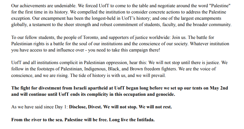 We are departing from the People's Circle for Palestine earlier than the 6pm deadline set by the court. Long live the Student Intifada. Long live Palestine.