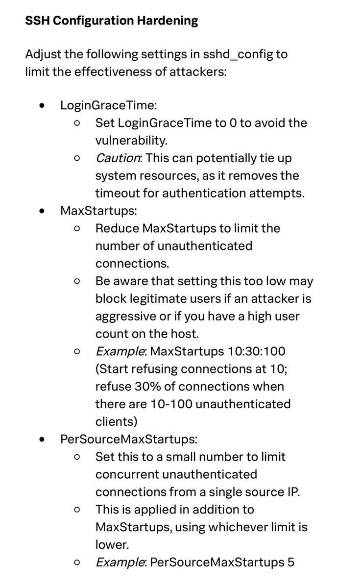 cyb3rops's tweet image. This blog contains useful advice on sshd configuration changes that limit the effectiveness of attacks against CVE-2024-6387 in cases in which you can’t patch or want to harden it against future attacks