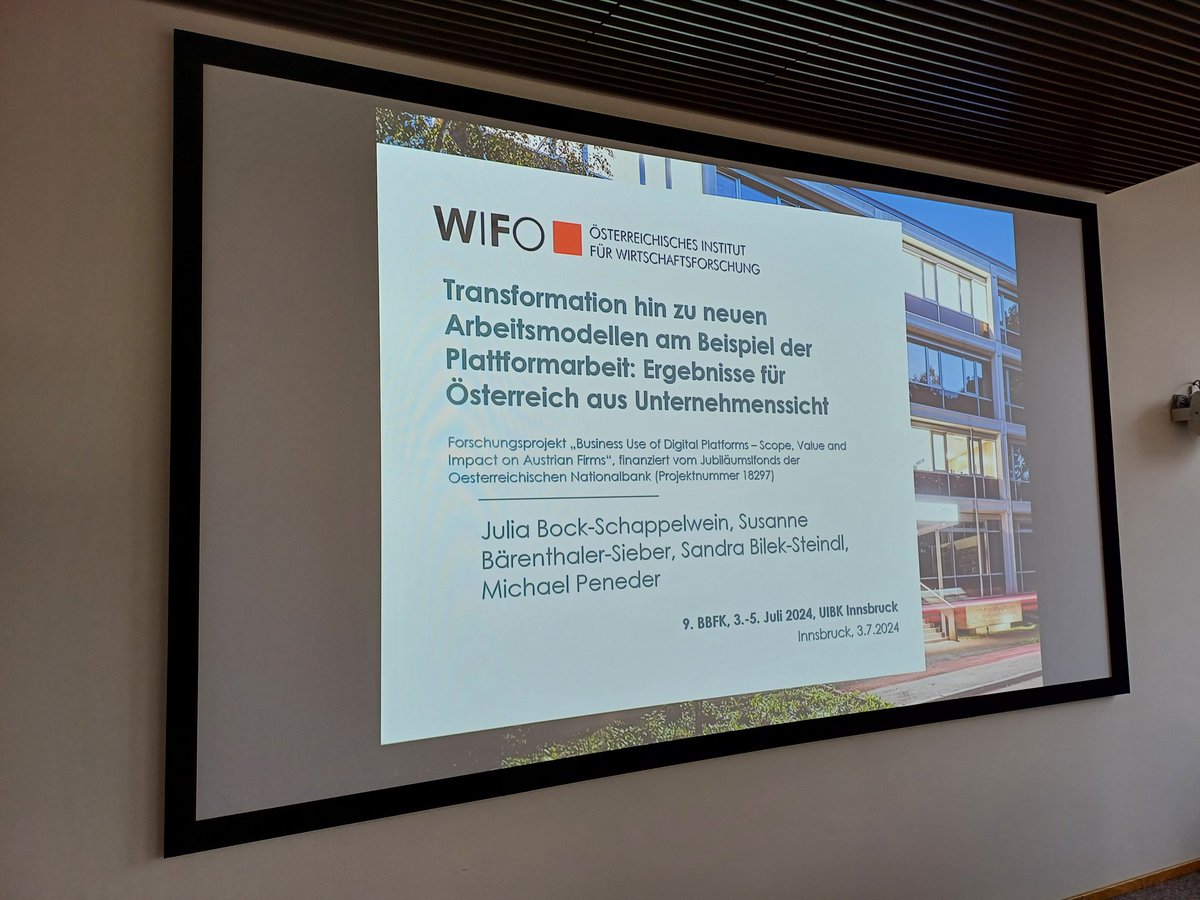 Julia Bock-Schappelwein (@jschappelwein) on Twitter photo Ich durfte heute bei der #BBFK in Innsbruck unseren Beitrag zu Transformation hin zu neuen Arbeitsmodellen am Beispiel der Plattformarbeit - Ergebnisse für Österreich aus Unternehmenssicht präsentieren. <a href="/Baerenthaler_S/">Bärenthaler</a> <a href="/PenederMichael/">Michael Peneder</a> #Sandra Bilek-Steindl Ich durfte heute bei der #BBFK in Innsbruck unseren Beitrag zu Transformation hin zu neuen Arbeitsmodellen am Beispiel der Plattformarbeit - Ergebnisse für Österreich aus Unternehmenssicht präsentieren. <a href="/Baerenthaler_S/">Bärenthaler</a> <a href="/PenederMichael/">Michael Peneder</a> #Sandra Bilek-Steindl