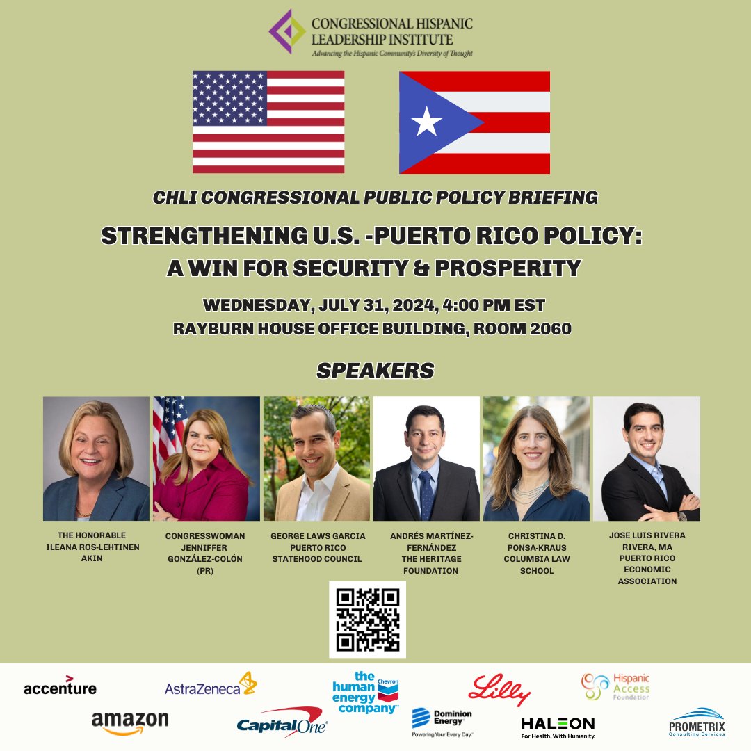 Interested in U.S.- Puerto-Rico Policy? Join us to discuss how addressing Puerto Rico’s political status is crucial for advancing U.S. strategic goals and bolstering economic prosperity through strengthened ties.  eventbrite.com/e/chli-congres…
