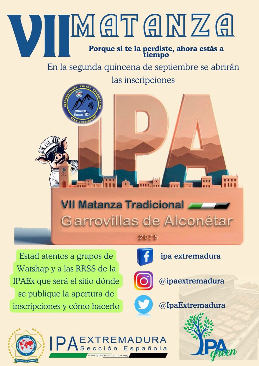 Ya tenemos sitio para la “VII Matanza IPAEx 2025”.El fin de semana del 7,8 y 9 de febrero. En Garrovillas de Alconétar👏👏👏  en la segunda quincena de septiembre, se ABRIRÁ el plazo para las inscripciones. No te lo pierdas!!! #servoperamikeco #ipaextremadura