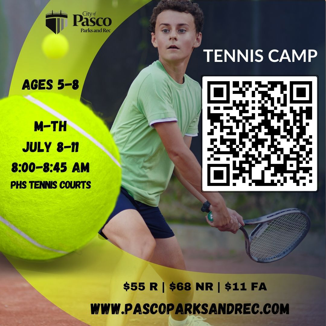 There is still room in the 5-8 year old's Tennis Camp that starts Monday, July 8th at 8am. Scan the QR Code or go to pascoparksandrec.com.
R: Resident NR: Non-Resident FA: Financial Assistance