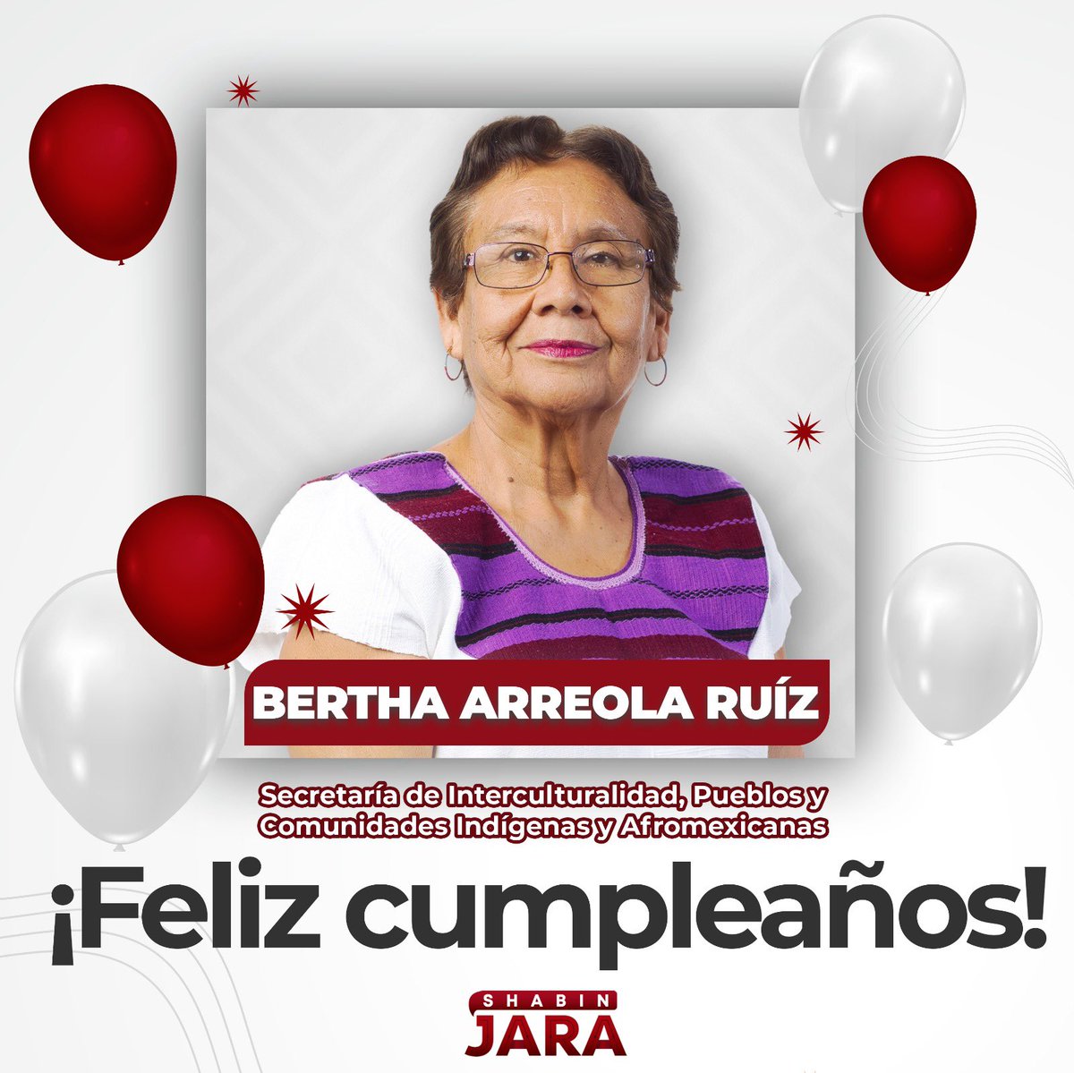 Envío una felicitación a <a href="/Bertha_Arreola1/">Bertha Ruth Arreola Ruíz</a> , titular de la Secretaría de Interculturalidad, Pueblos y Comunidades Indígenas y Afromexicanas del Estado de Oaxaca , por motivo de su cumpleaños. Le deseo un excelente día y le envío mis mejores deseos. 

¡Felicidades!🎉🎂