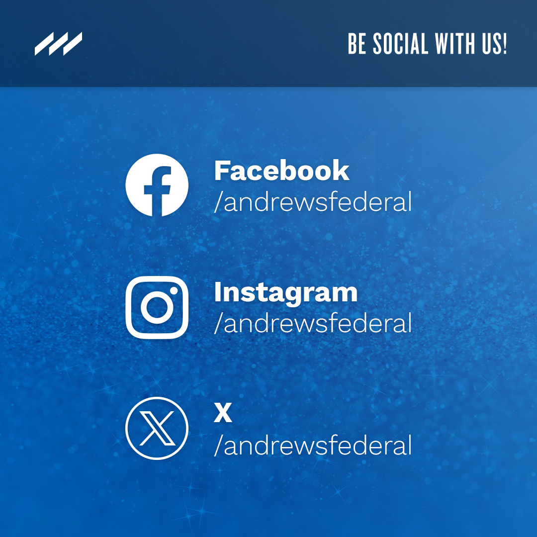 Let's be friends! We would love for you to stay updated on the latest news and events at Andrews Federal by following us on all our social media platforms. 

You are already following us here, but we invite you to connect with us on our other platforms as well.