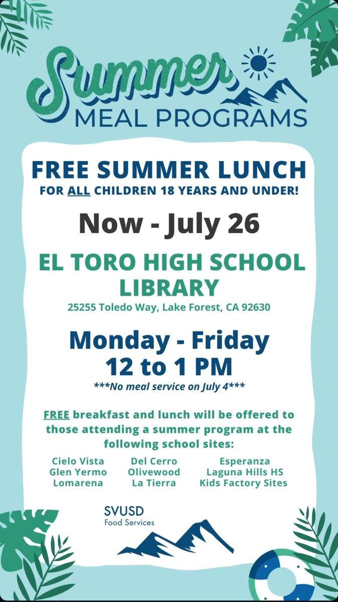 LFEDolphins's tweet photo. Free Summer Lunch @SVUSDSchools https://t.co/9e6t9EKDA8