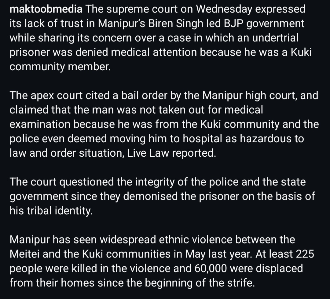 haokip_alice's tweet photo. Medical negligence by MANIPUR State Government against a Kuki man who was undertrial. 
The accused suffered from piles and tuberculosis with severe back pain since last year but was denied medical accessibility because he belongs to the Kuki Community. 
The supreme court recently passed an order, that the accused will be taken for examination at Gauhati Medical College in which the state government shall make necessary arrangements and bear all expenses.