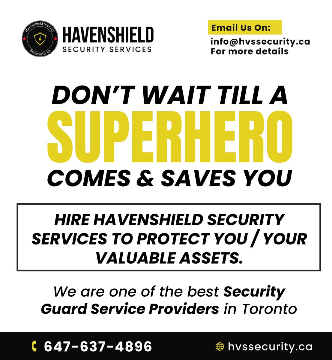 HvsSecurity's tweet image. Don&apos;t wait for a superhero to save you! 🌟 Protect your valuable assets with HavenShield Security Services. Our expert team offers top-notch security guard services in Toronto, ensuring your peace of mind. 🛡️

#SecurityServices #TorontoSecurity #AssetProtection #PeaceOfMind