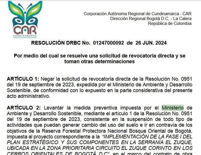 Pésimas noticias para los cerros orientales, <a href="/CAR_Cundi/">CAR Cundinamarca</a> ha levantado la medida preventiva impuesta por <a href="/MinAmbienteCo/">MinAmbiente Colombia</a> que evitaba el cemento en el páramo de Cruz Verde y la Serrania del Zuke. Un pésimo antecedente <a href="/MMMaldonadoC/">Maria Mercedes Maldonado</a> <a href="/susanamuhamad/">Susana Muhamad</a> <a href="/petrogustavo/">Gustavo Petro</a>