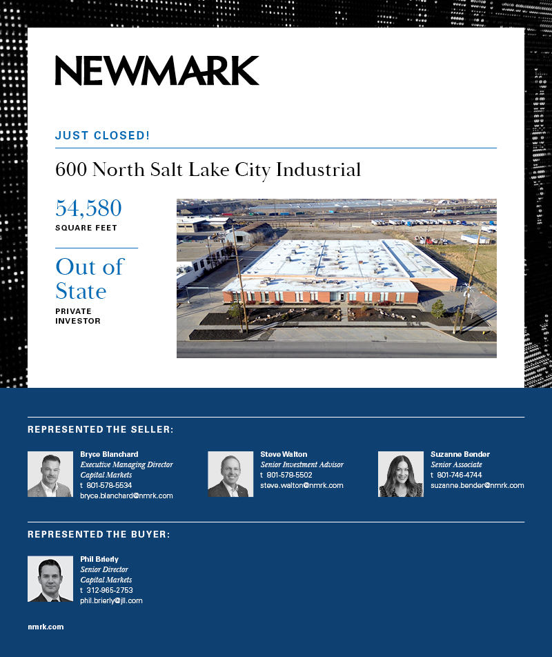 NewmarkACRES's tweet photo. Just Closed | 600 North Salt Lake City Industrial

Congratulations to Bryce Blanchard, Steve Walton, Suzanne Bender and Phil Brierley, MRED for completing the sale of 600 North Industrial in Salt Lake City, Utah. 600 North is a 54,580-square-foot industrial building. https://t.co/wKKecI8AeV
