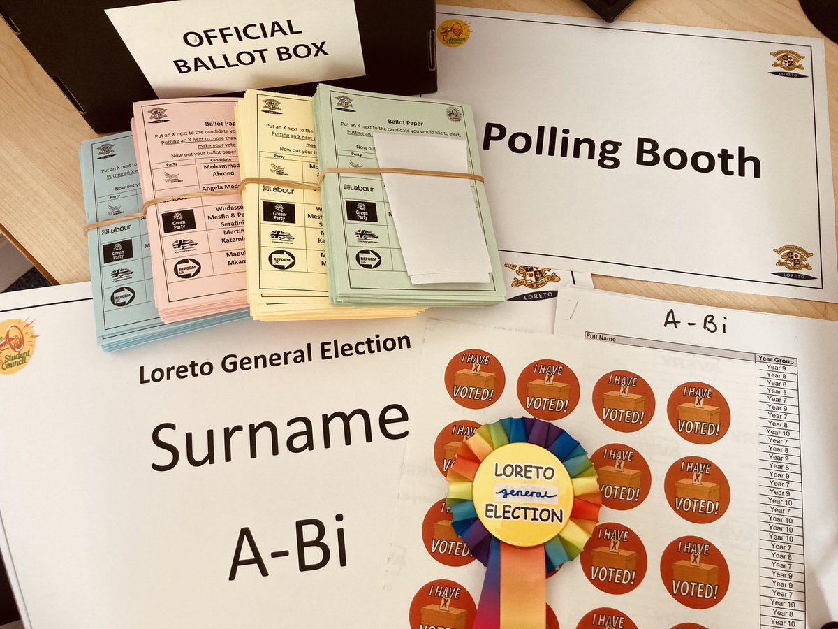 Ballot box ✅polling booth ✅ballot papers (different colours for year groups for further analysis)✅ election rosettes✅ ‘I have voted’ stickers✅ Y10 pupils candidate manifesto videos shown ✅Sir John Curtis clip from <a href="/ACitizenshipT/">ACT</a> shown tomorrow We are ready! <a href="/loretochorlton/">Loreto High School</a>