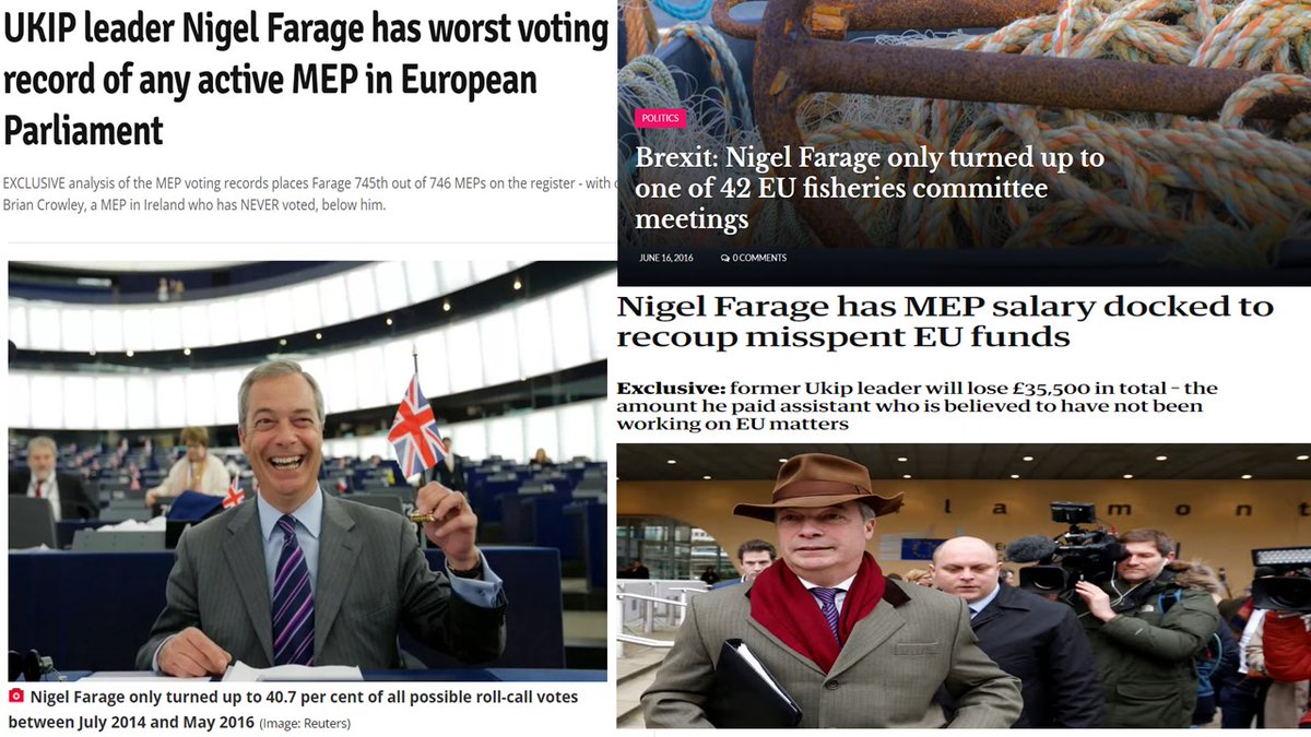 Nigel Farage held public office once:

Worst attendance of 745 MEPs, missing 60% of votes

Attended 1 of 42 fishing committee meetings

Fined £35K for misuse of expenses

If you want a work-shy, self obsessed grifter #VoteReform if not #VoteLabour

#GeneralElections2024 #Clacton