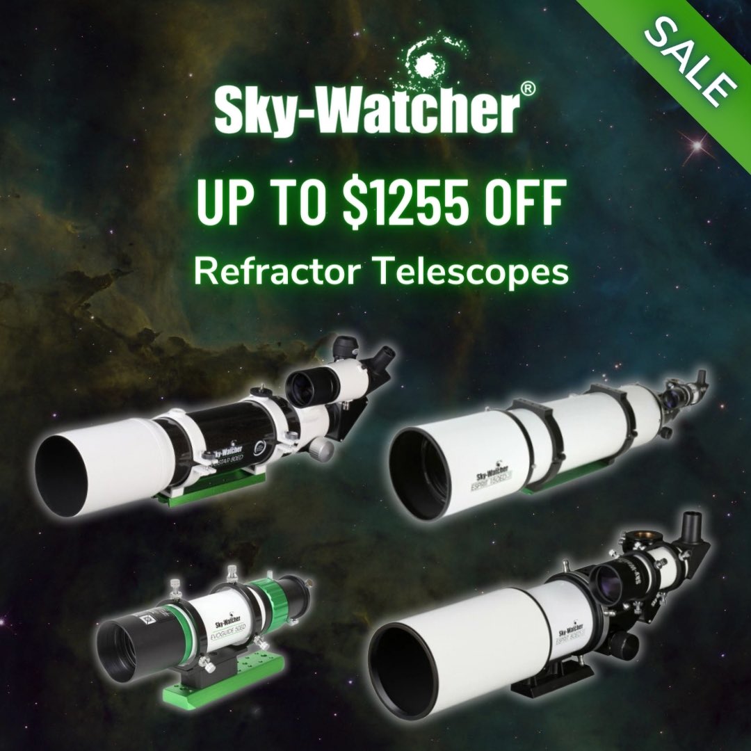 Sky-Watcher's latest sale is live! Save up to $1255 on refractors now until the end of July. 
 
While we do have stock of these telescopes, we can't promise they'll last long at these prices! This sale ends July 31, 2024, at 11:59 pm PT. bit.ly/4eLUY4R