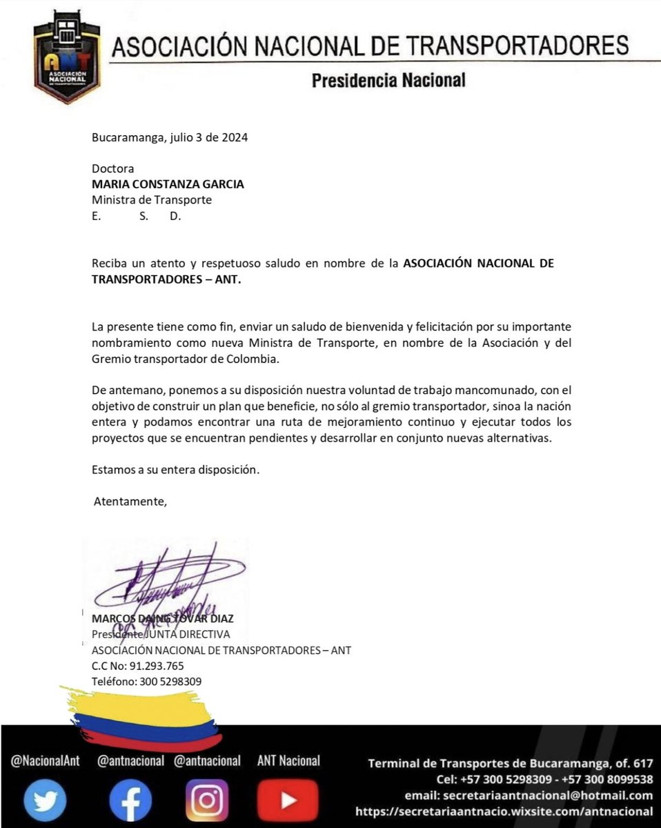La <a href="/NacionalAnt/">ANT OFICIAL</a> en cabeza de su Junta Directiva, Felicita a la Nueva Ministra de Transporte <a href="/Maria_Constanz_/">María Constanza García Alicastro</a> por su nombramiento y pone a disposición su voluntad de trabajo para lograr EJECUTAR PROYECTOS en Pro del sector Transportador de Colombia 🇨🇴