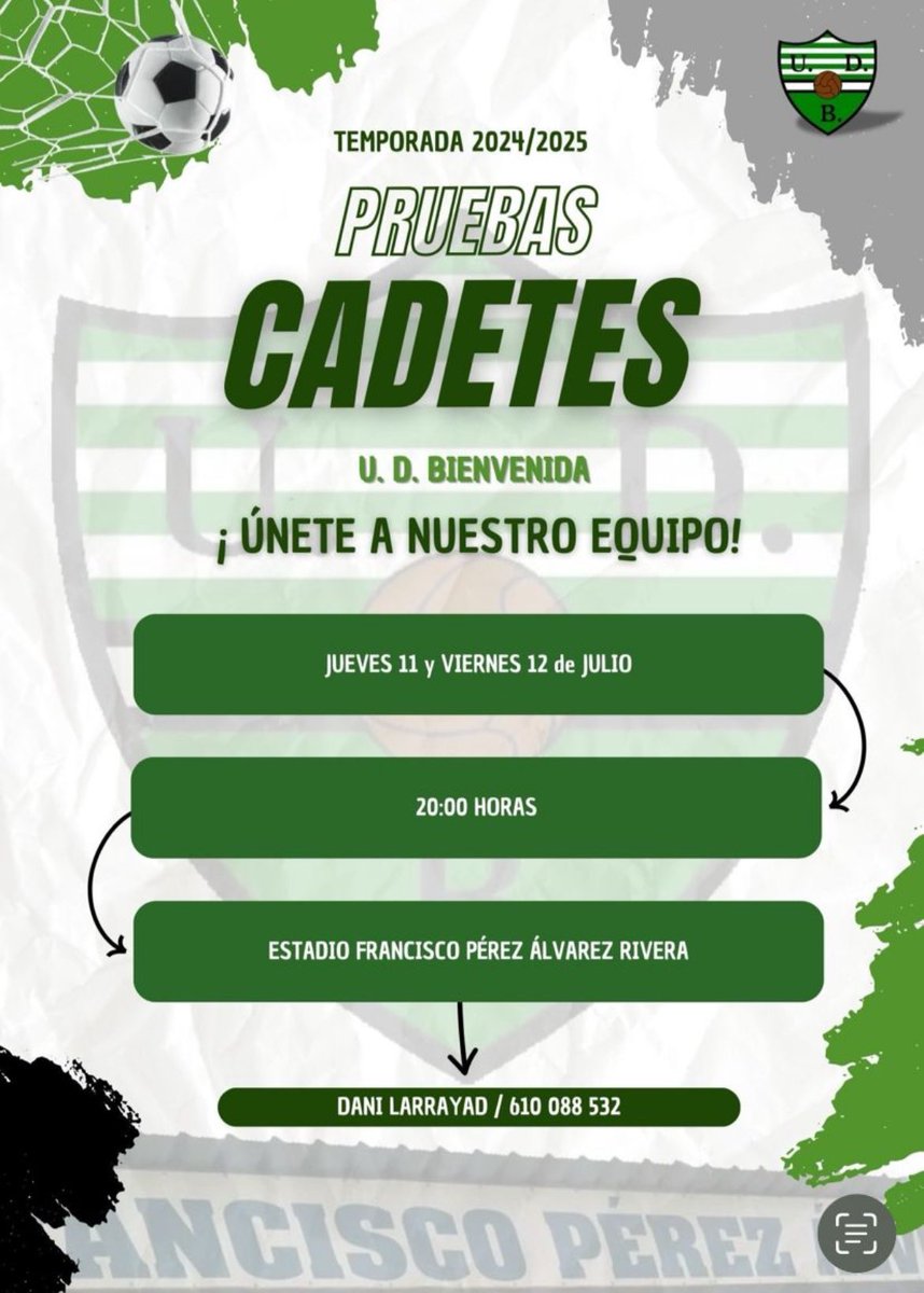 PRUEBAS CADETES

Este año estará complicado sacar adelante la categoría de cadetes, pero vamos a intentarlo hasta el final.

⚽️Ven a probar y disfrutar con <a href="/dlarrayad/">Daanniilg11</a> 
🗓️Jueves y viernes 11 y 12 de julio, 20:00h
💚🤍¡Forma parte de la gran familia verdiblanca!