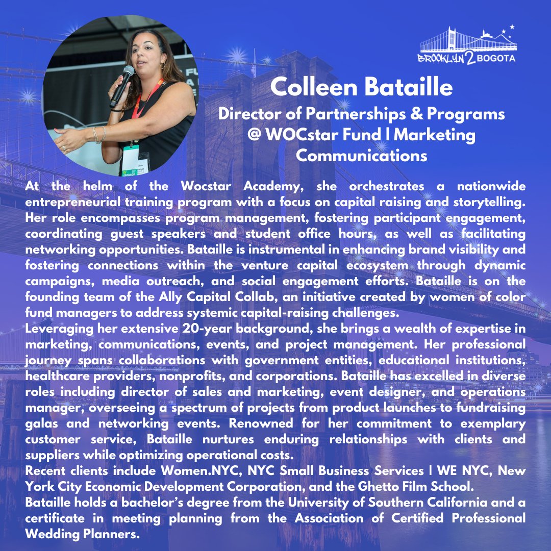 Gracias a cada speaker de nuestro evento. 

Colleen Bataille, what an amazing emcee! Thank you and all the Wocstar team for building in community. 

brooklyn2bogota.com