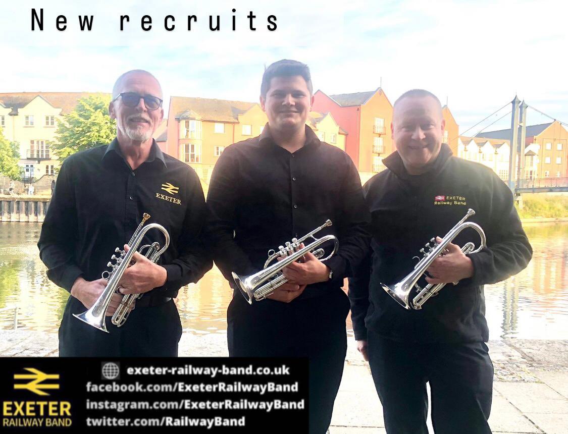 RailwayBand's tweet photo. Our cornet section has been growing in recent months. We’re delighted to welcome (L-R):
Shaine Lewis (front row); Jon Hawkins (2nd cornet); Andrew Gilham (rep)
We’re always happy to recruit new players. We’d be particularly interested to hear from bass, bass trombone &amp; percussion https://t.co/Xf3ZrqNkyt