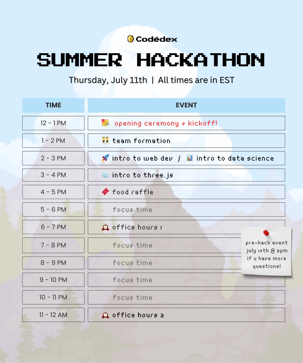 codedex_io's tweet image. t-8 days until our #CodedexHackathon! ☀️⚔️

🗓️ here’s the schedule for the 24 hours: