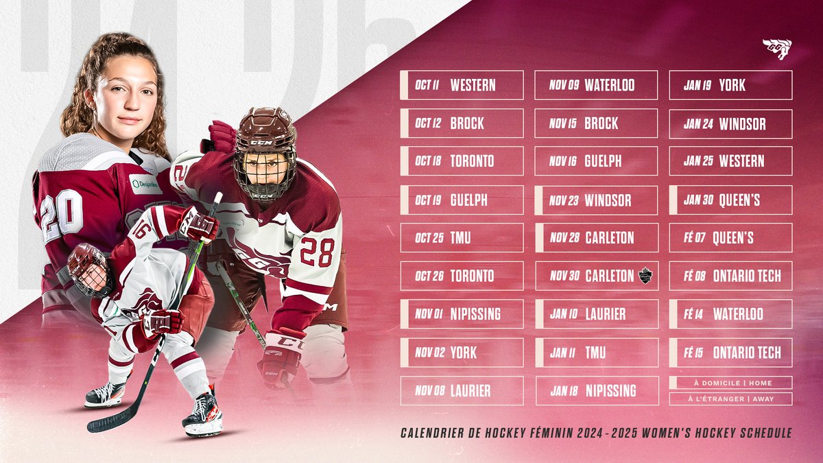 Ça y est! 🚨Here we go! 
 
Our 2024-25 <a href="/OUAsport/">Ontario University Athletics</a> schedule is here! 📆✔️ Notre calendrier <a href="/OUAsport/">Ontario University Athletics</a> 2024-2025 est sorti!
 
Party like it’s 2000, we’re ready to be back competing in the OUA! 🎉 Festoyons comme en 2000, nous reprendrons la compétition dans les SUO!