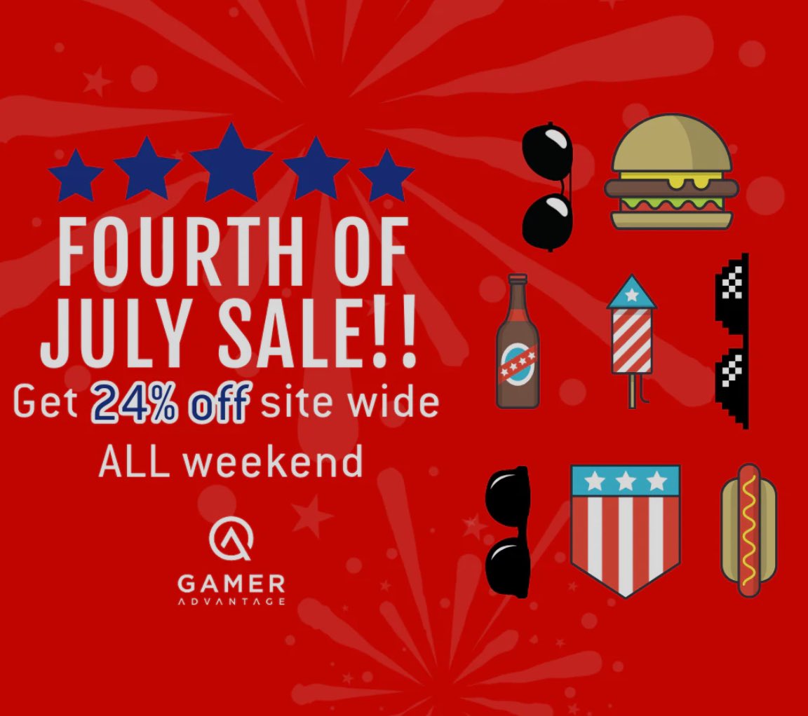 GamerAdvantage's tweet photo. 4th of July sale! 🎆

Get 24% off site wide 🔥

Partner codes stack 👀 https://t.co/YoUzdUrGez